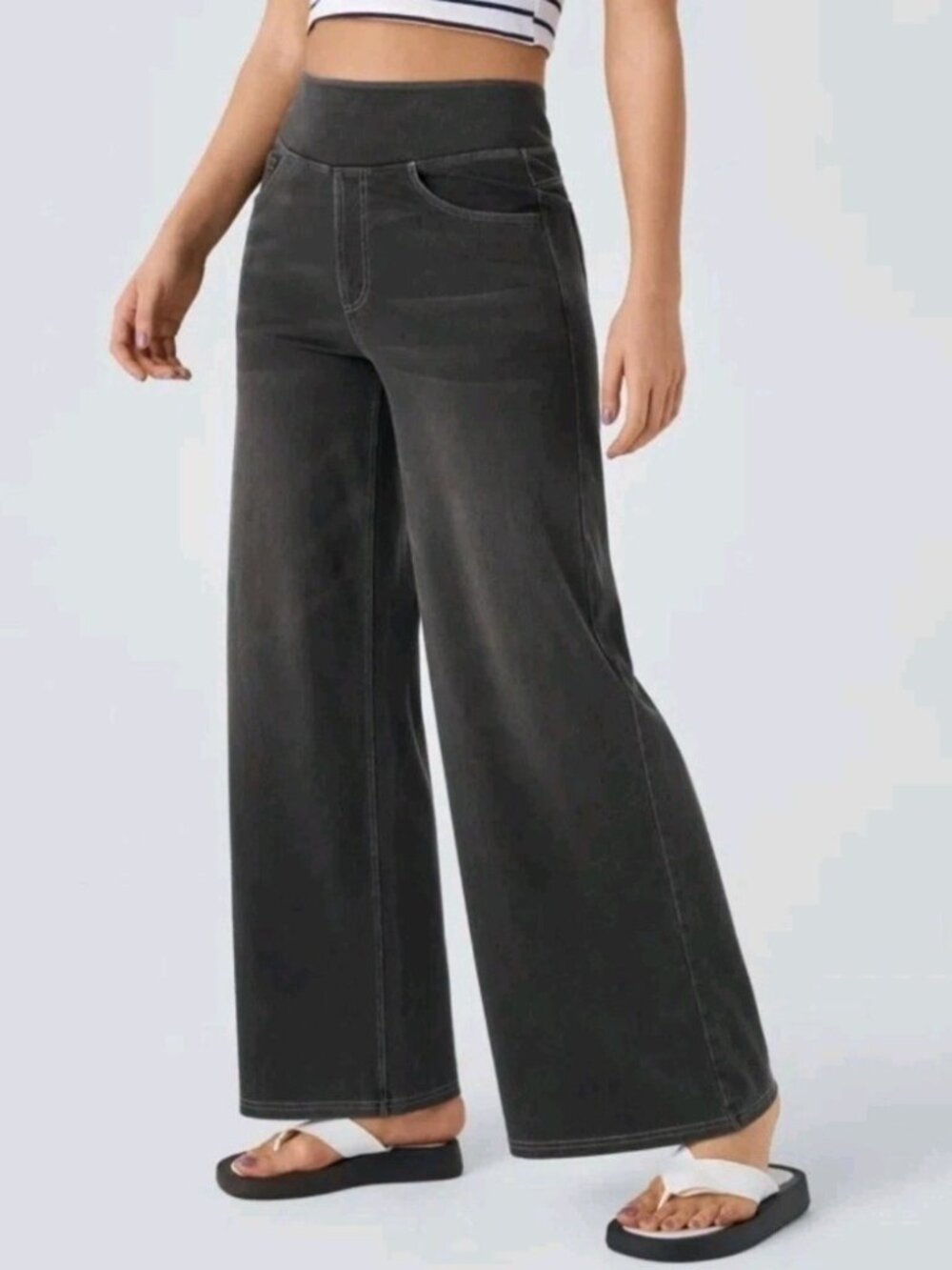 NWT Halara Xsmall Flex High Waisted Pull On Baggy Wide Leg Jeans Black XS 008
